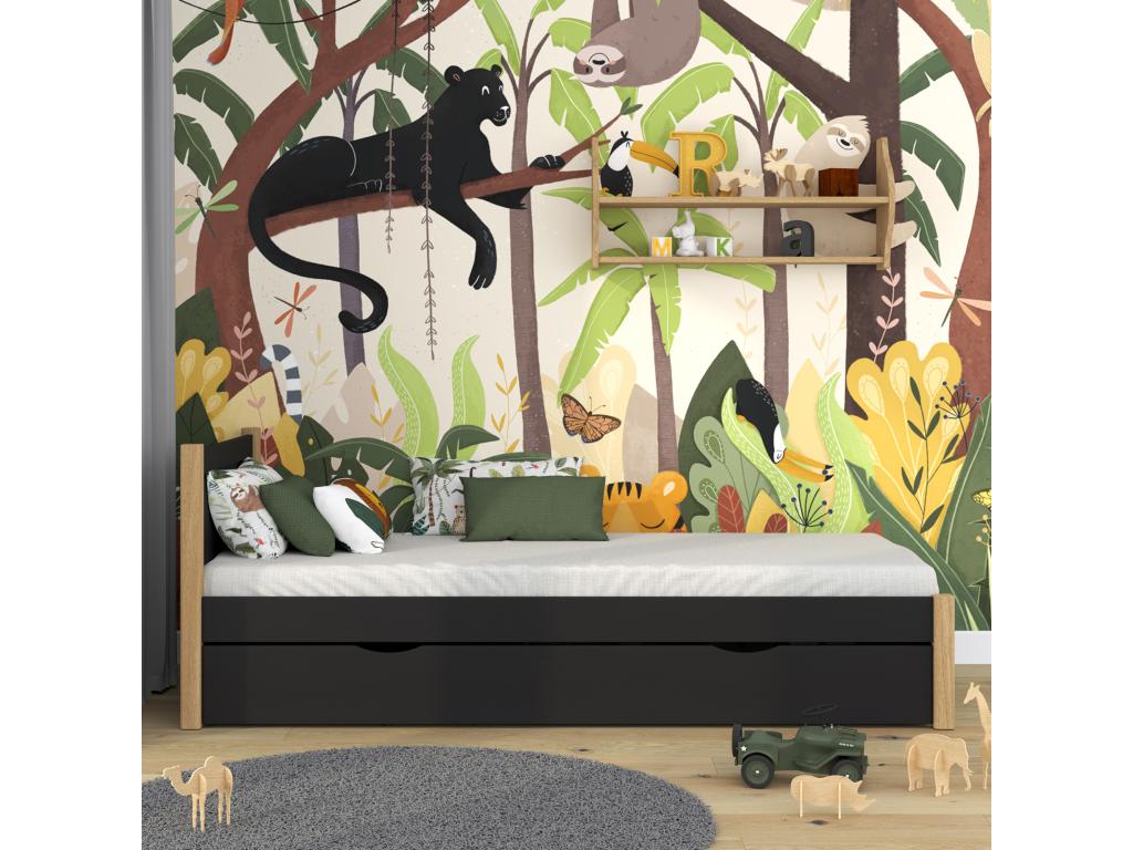 Lit simple en bois - avec tiroir N02 Noir / Chêne Naturel 100x180