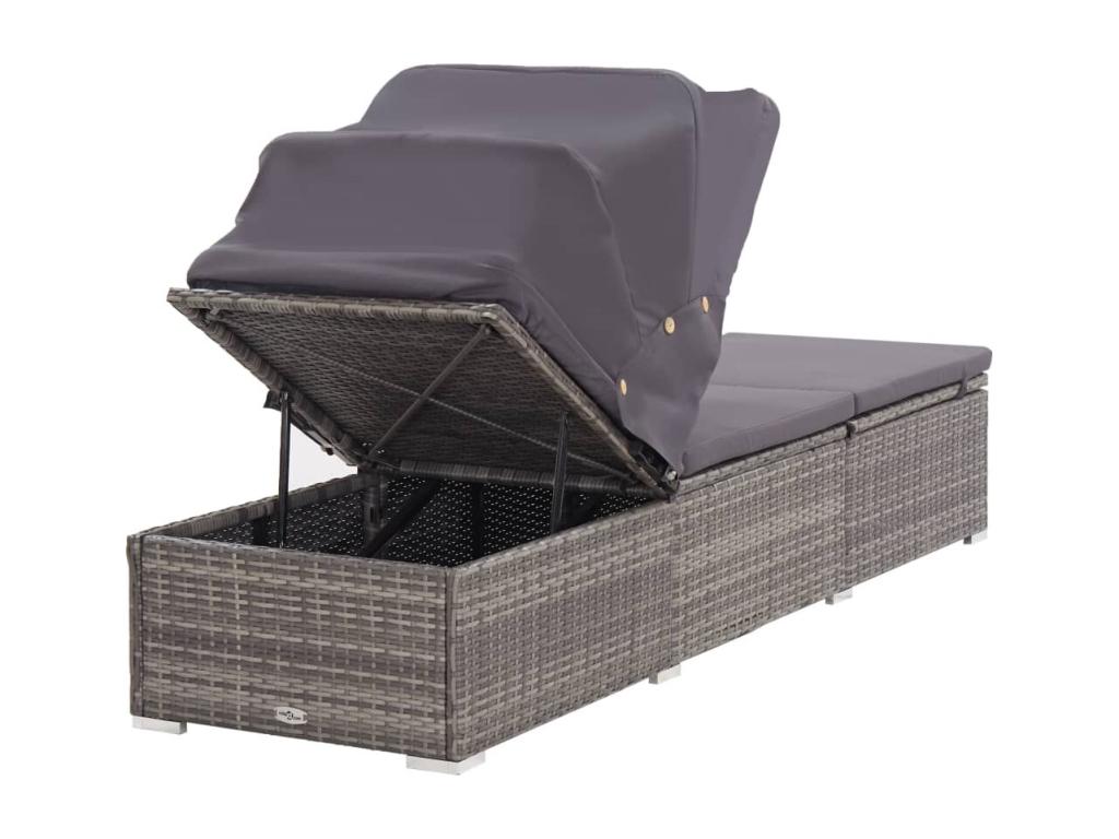 Chaise longue avec auvent et coussin Résine tressée Gris