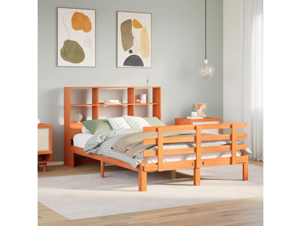 Lit bibliothèque sans matelas cire marron 120x190cm pin massif