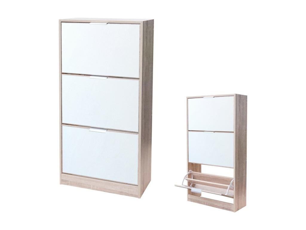 Meuble à chaussures style design – Coloris chêne clair avec façade miroir – 60x24x116 cm – Collection REFLEXIO