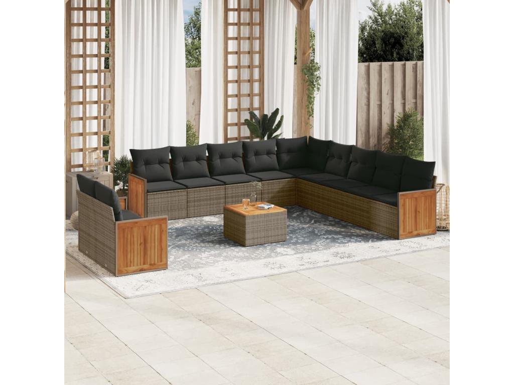 Salon de jardin avec coussins 12 pcs gris résine tressée