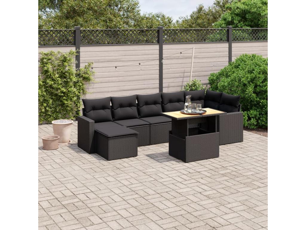 Salon de jardin 8 pcs avec coussins noir résine tressée