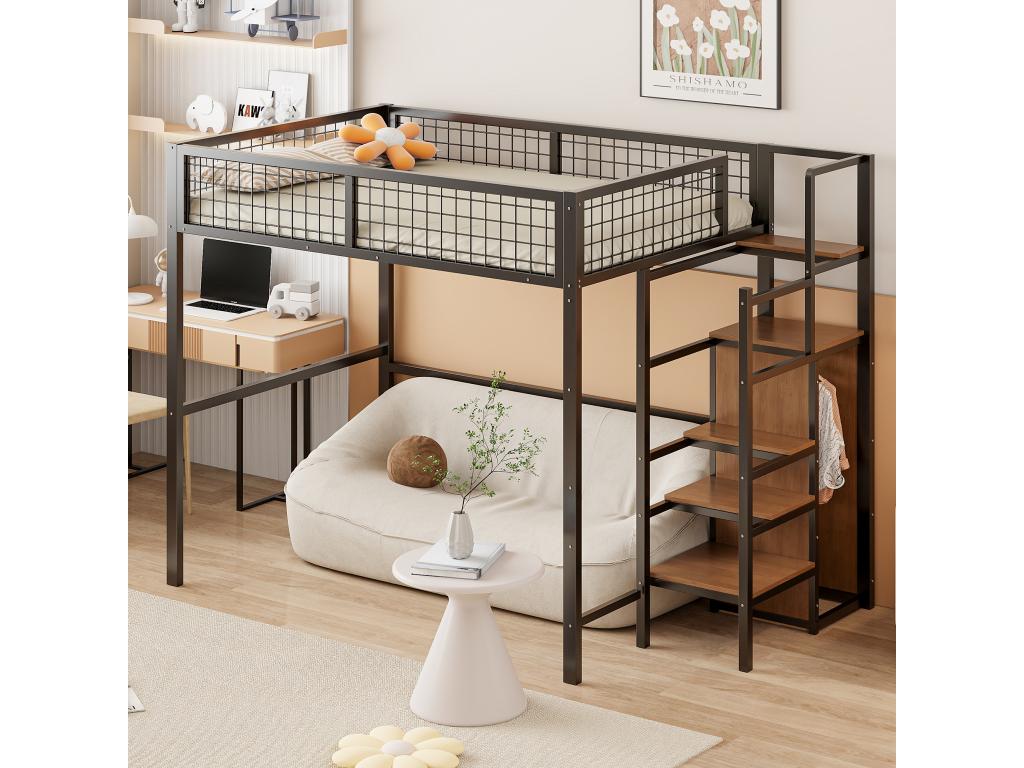 Lit mezzanine enfant 140x200 cm avec structure en fer - avec échelle de rangement et une penderie - Noir