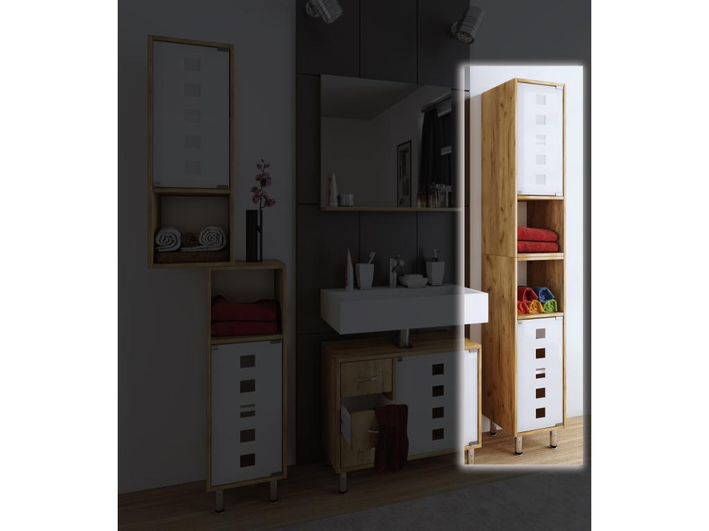 Homzora bois meuble de salle de bain stand étagère salle de bain armoire haute porte vitrée Darola chêne miel