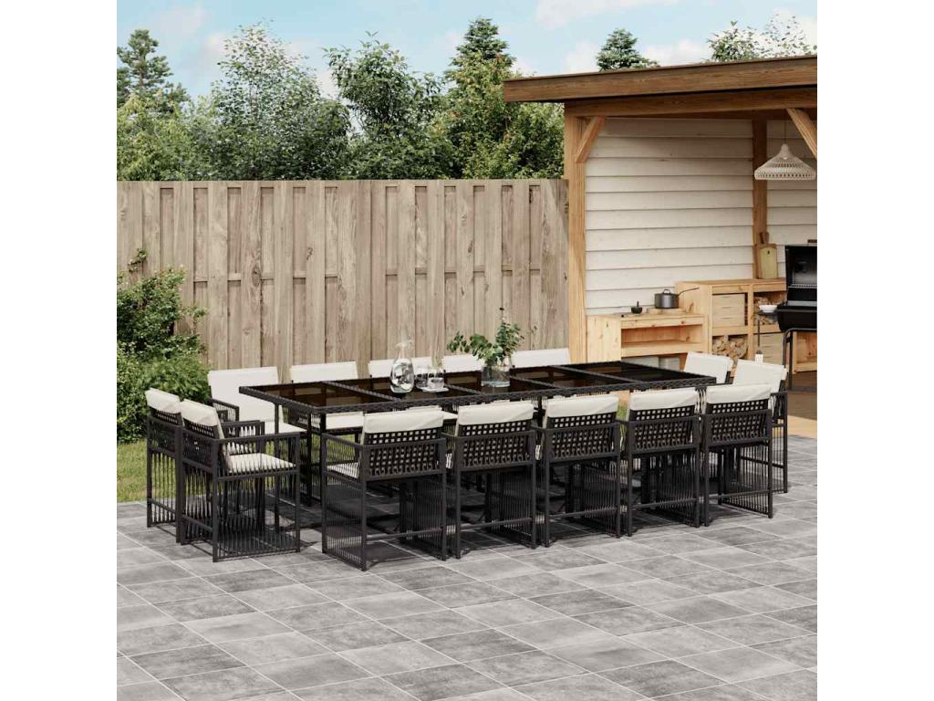 Ensemble à manger de jardin 15 pièces coussins noir résine tressée