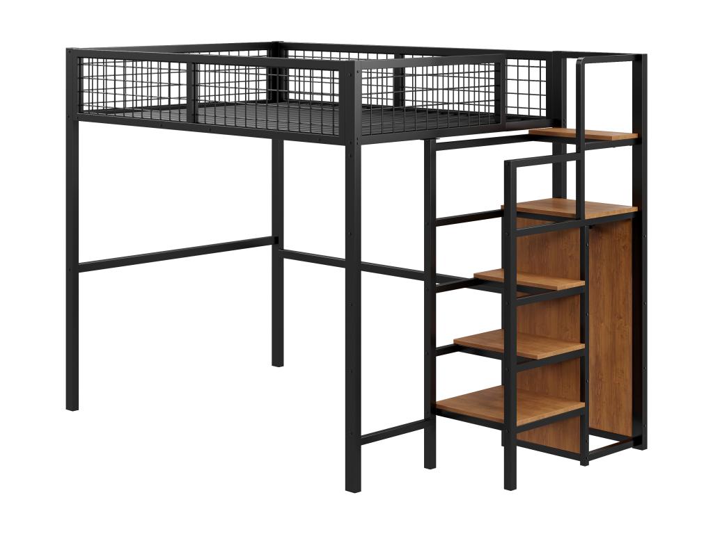 Lit mezzanine enfant 140x200 cm avec structure en fer - avec échelle de rangement et une penderie - Noir