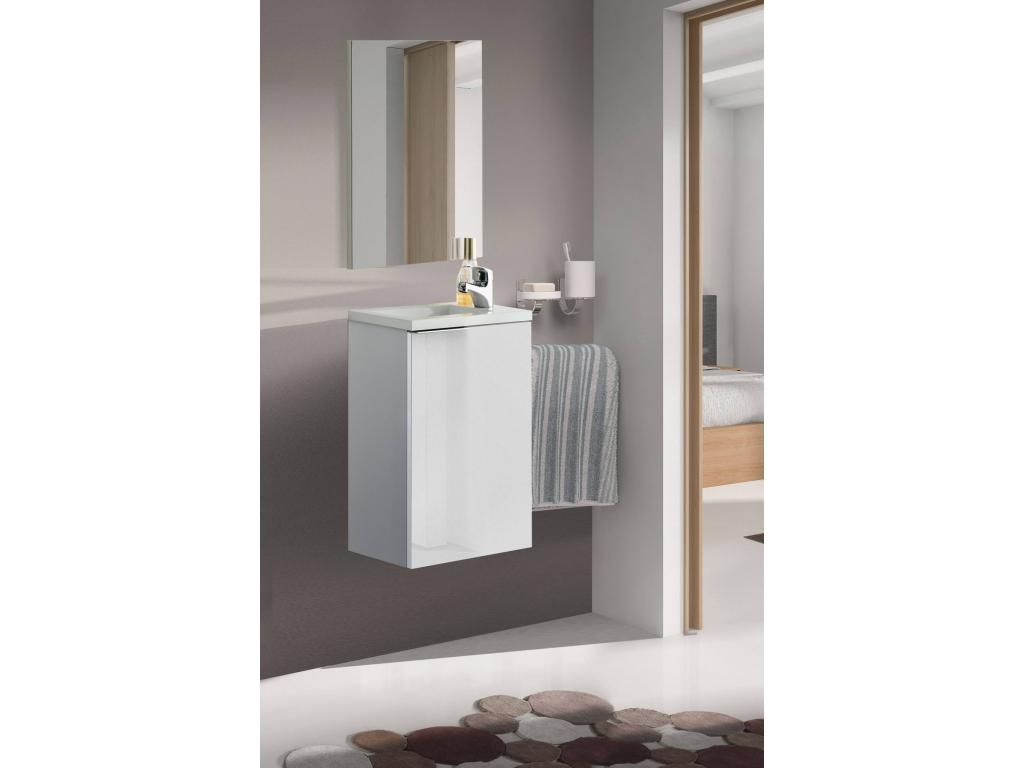 Meuble sous-vasque Homzora Meuble de salle de bain suspendu armoire 1 porte avec miroir et lavabo 40x22h58 cm Blanc brillant