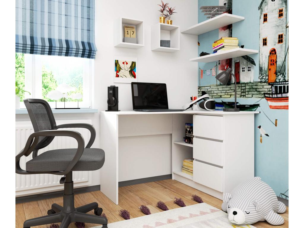 Bureau Homzora d'angle droit B16 Blanc 124 cm 3 tiroirs façade Blanche 2 étagères 124x85x77 cm