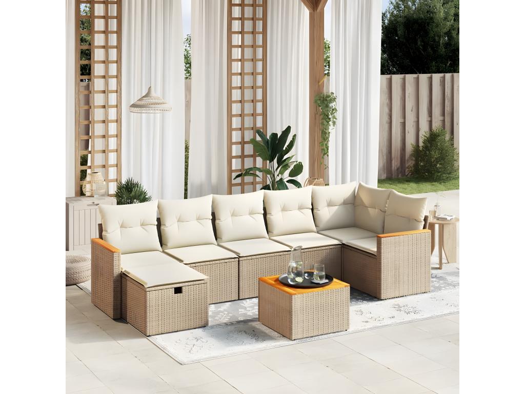 Salon de jardin avec coussins 8 pcs beige résine tressée