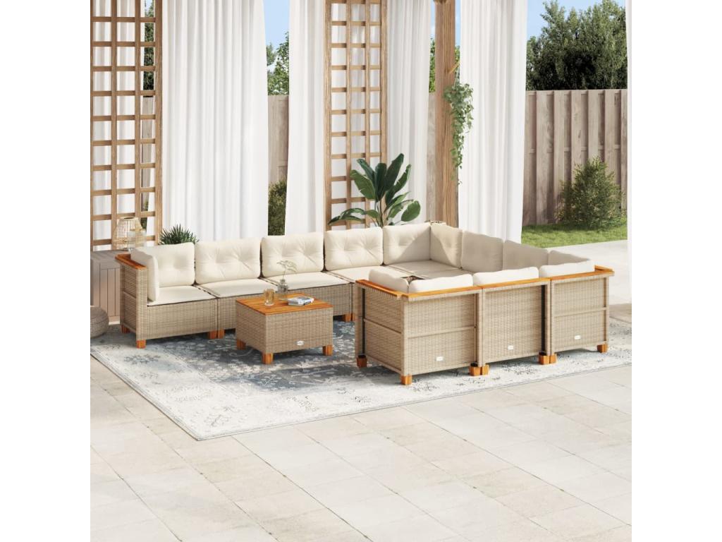 Salon de jardin 11 pcs avec coussins beige résine tressée
