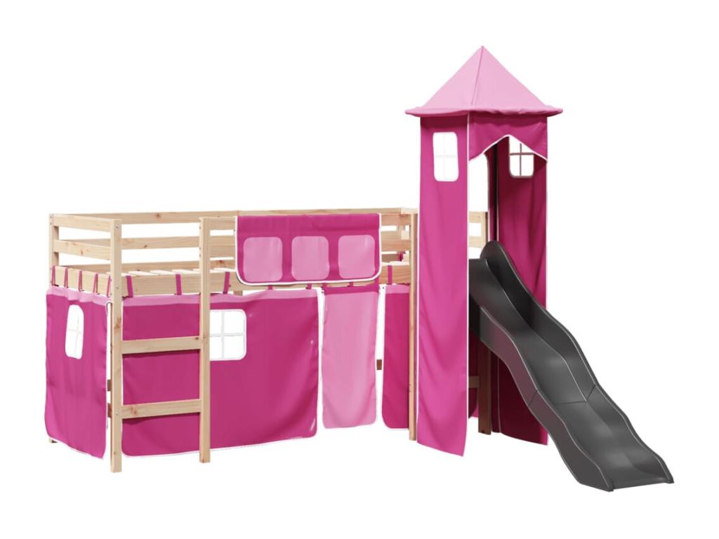 Lit mezzanine enfants avec tour rose 80x200cm bois pin massif