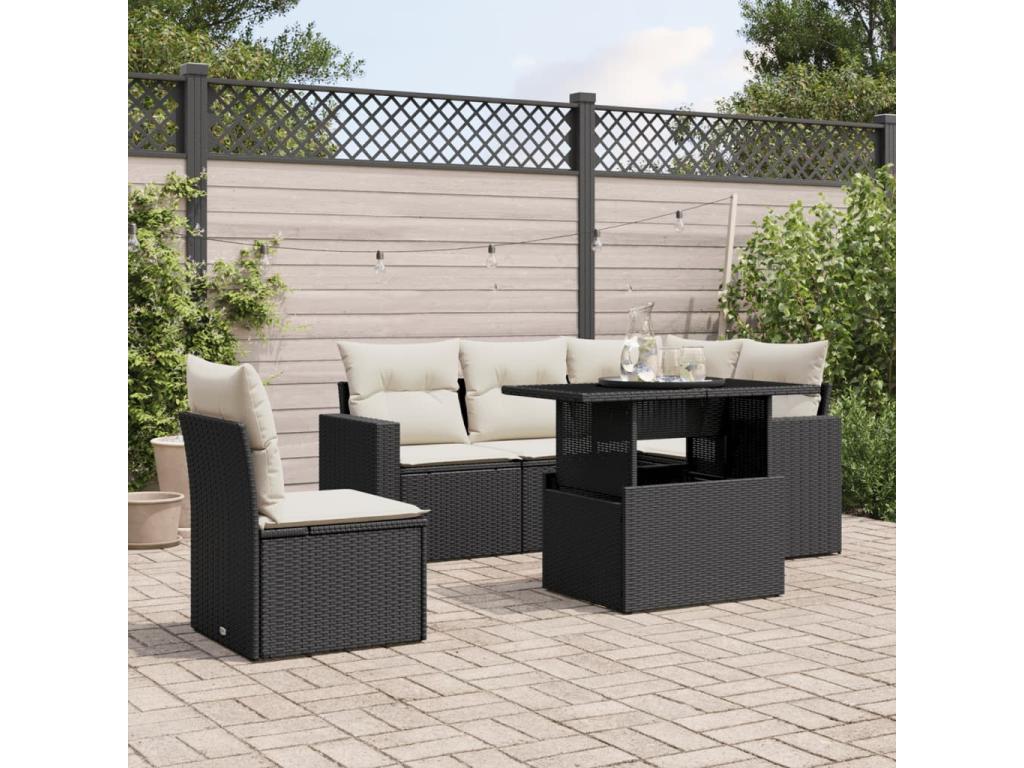 Salon de jardin 6 pcs avec coussins noir résine tressée