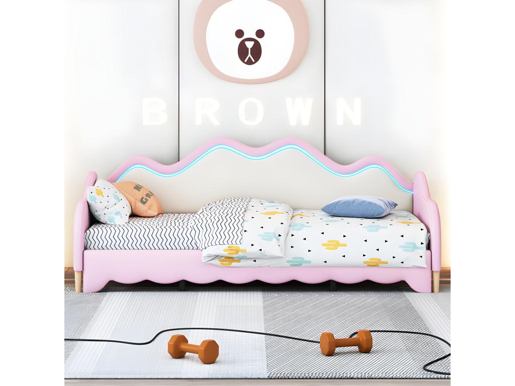 Lit gigogne tirable 90 180 x190 cm - en similicuir - avec éclairage LED et sommier à Homzora - Rose