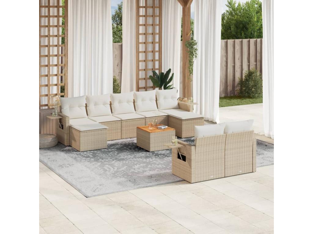 Salon de jardin avec coussins 10 pcs beige résine tressée