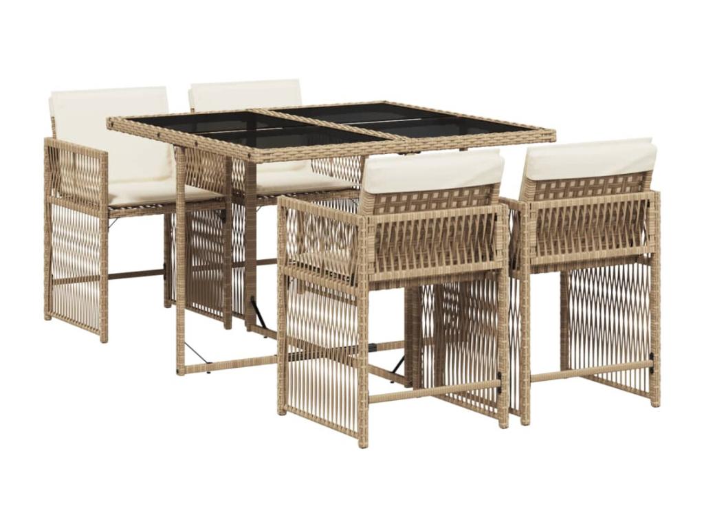 Ensemble à manger de jardin avec coussins 5 pièces Beige poly rotin