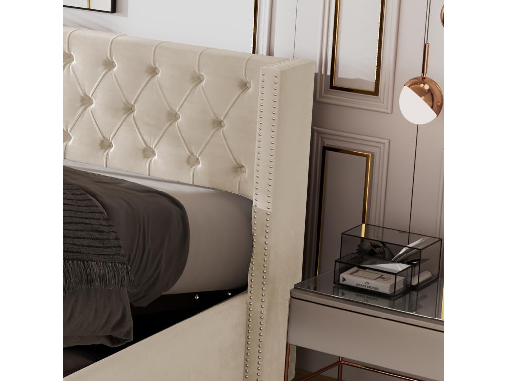 Lit coffre 140x200 cm lit double rembourré en velours décor avec rivets et boutons sommier à Homzora style Homzora beige
