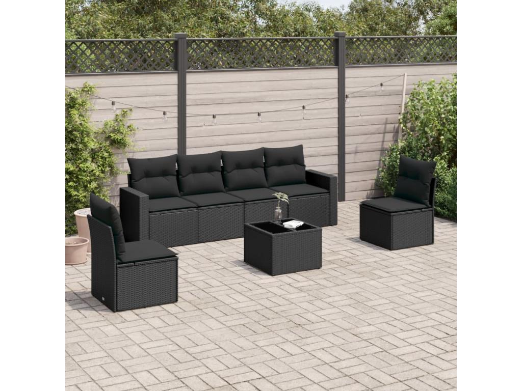 Salon de jardin 7 pcs avec coussins noir résine tressée