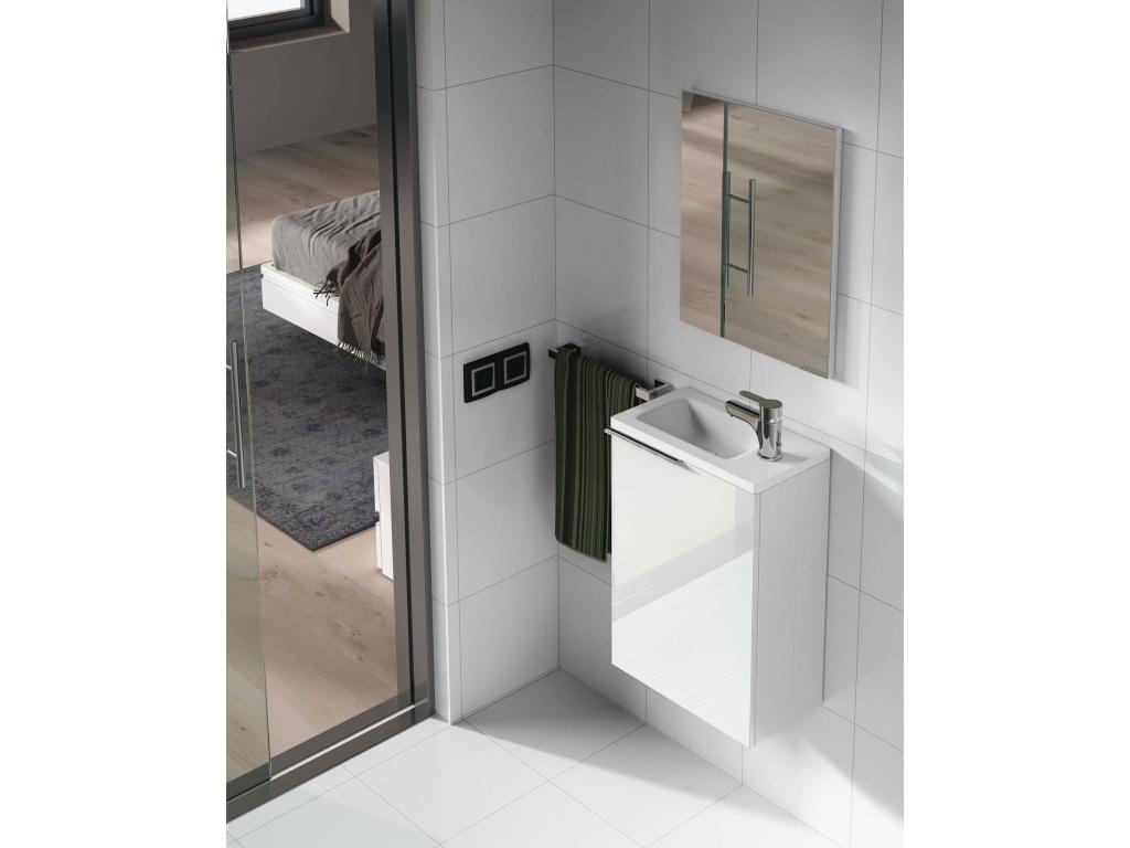 Meuble sous-vasque Homzora Meuble de salle de bain suspendu armoire 1 porte avec miroir et lavabo 40x22h58 cm Blanc brillant