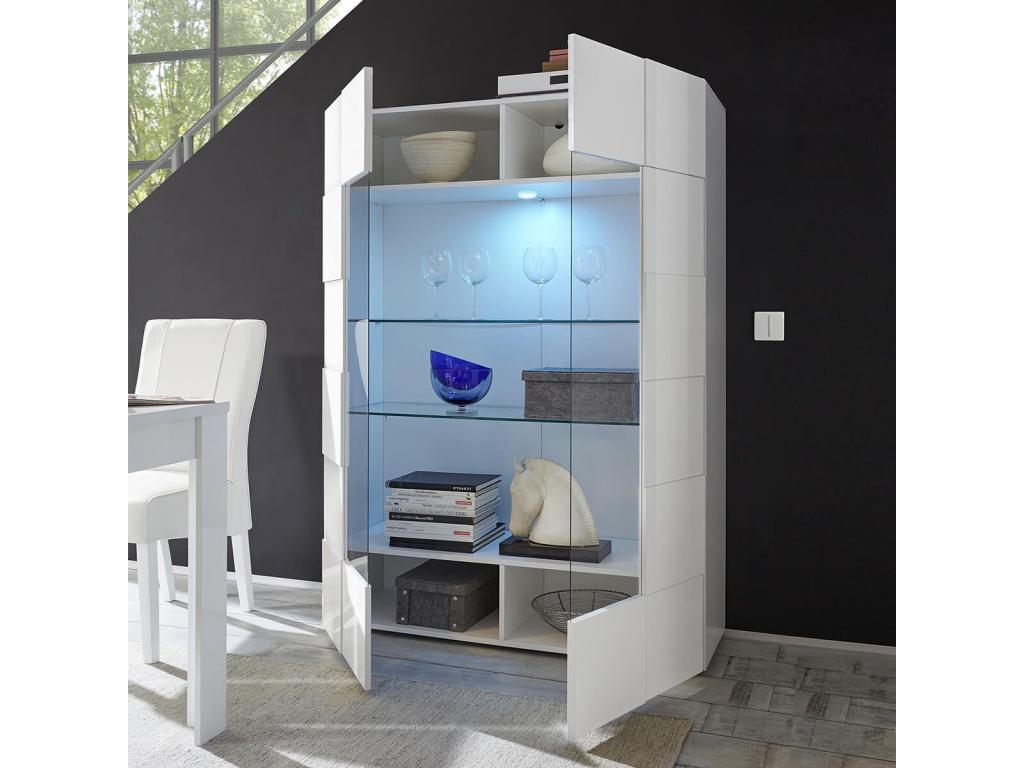 Doucezen - Vitrine 2 Portes Finition Blanc Laqué Doucezen Damiers et Leds
