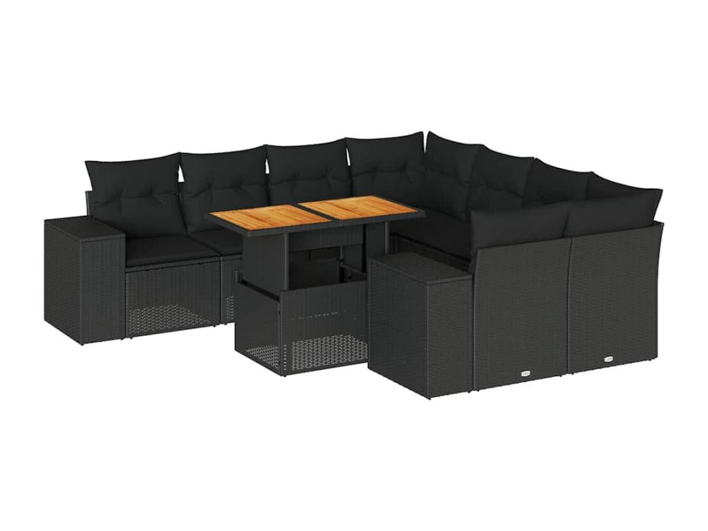 Salon de jardin 9 pièces avec coussins noir résine tressée