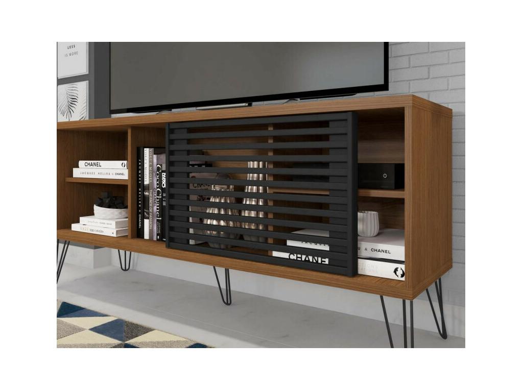 Meuble TV 55 Pouces Chêne Foncé et Noir 5 Niches L 136 H 62 P 36 cm