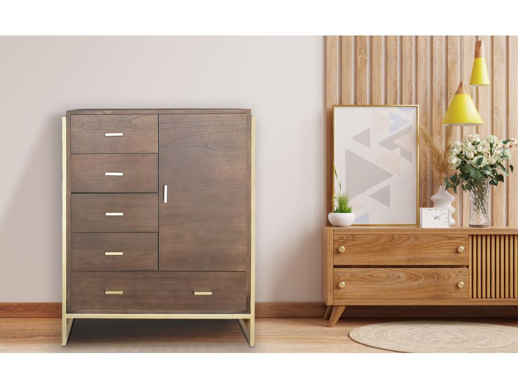 Buffet 5 Tiroirs / 1 Porte Homzora 112cm Marron / Or
