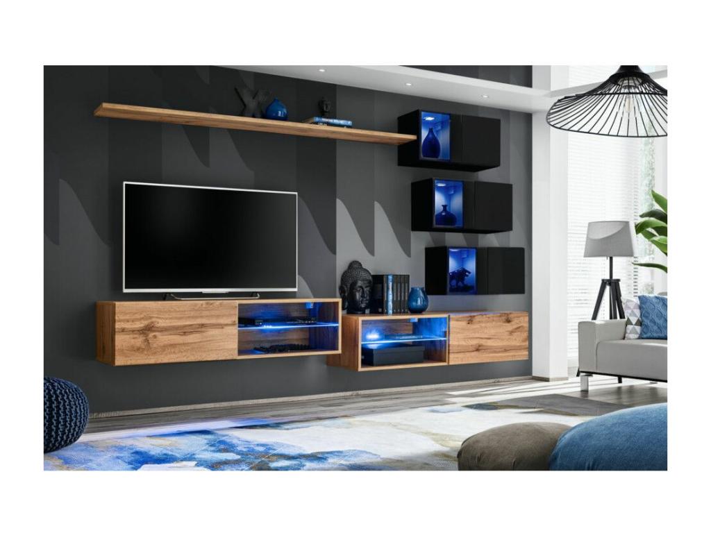 Ensemble meuble TV mural Switch XXIV - L 260 x P 40 x H 170 cm - Marron et noir