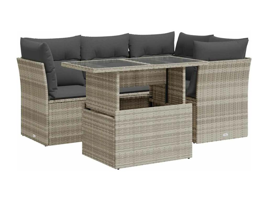 Salon de jardin 5 pièces avec coussins gris clair résine tressée