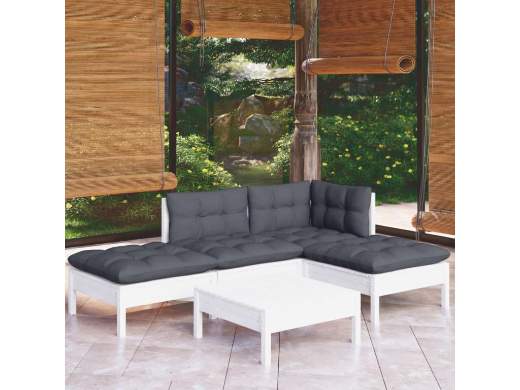 Salon de jardin 5 pcs avec coussins blanc bois de pin