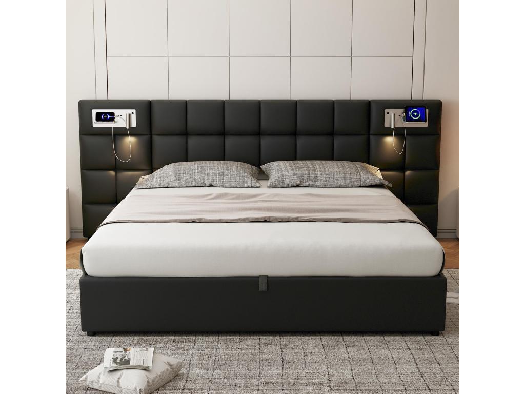 Lit coffre 180x200 cm avec grande tête de lit - Port USB / recharge sans fil / lampe lumineuse - Tissu en lin - Noir sans matelas