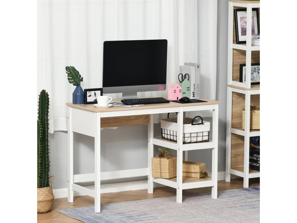 Bureau informatique multimédia dim- 110L x 48l x 76H cm 2 étagères latérales MDF E1 chêne clair blanc