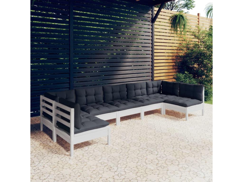Salon de jardin 7 pièces avec coussins blanc bois de pin massif
