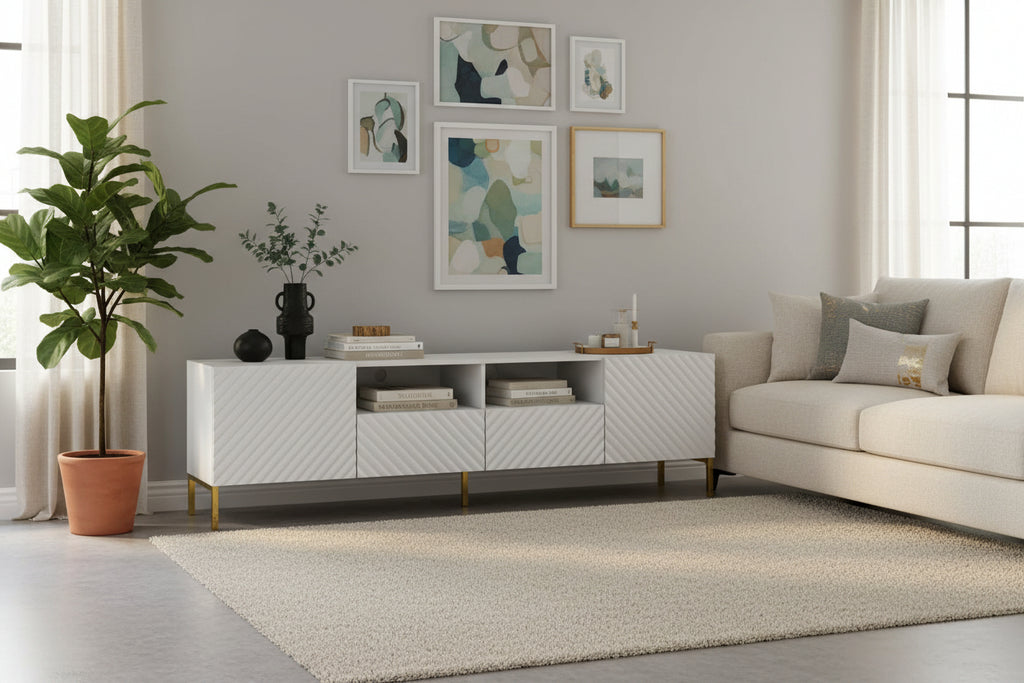 Meuble TV à 2 portes 2 tiroirs avec cadre doré Doucezen - Blanc mat - L 200 cm