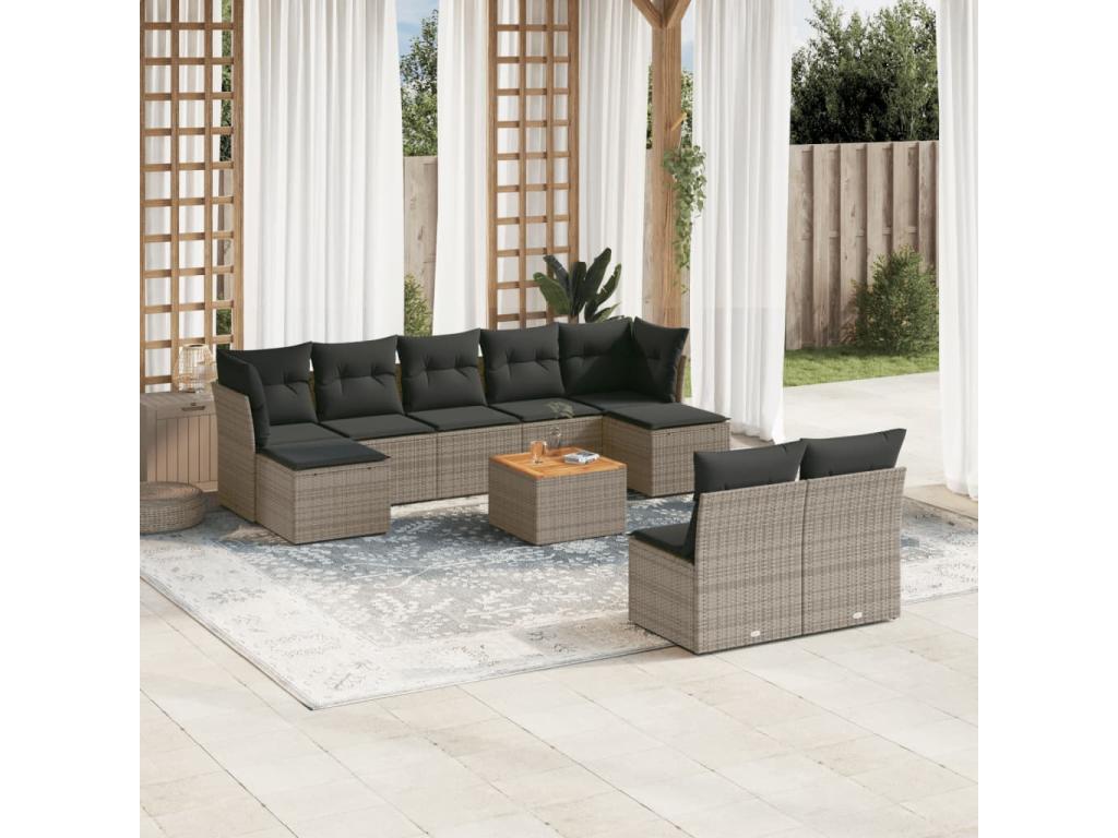 Salon de jardin avec coussins 10 pcs gris résine tressée