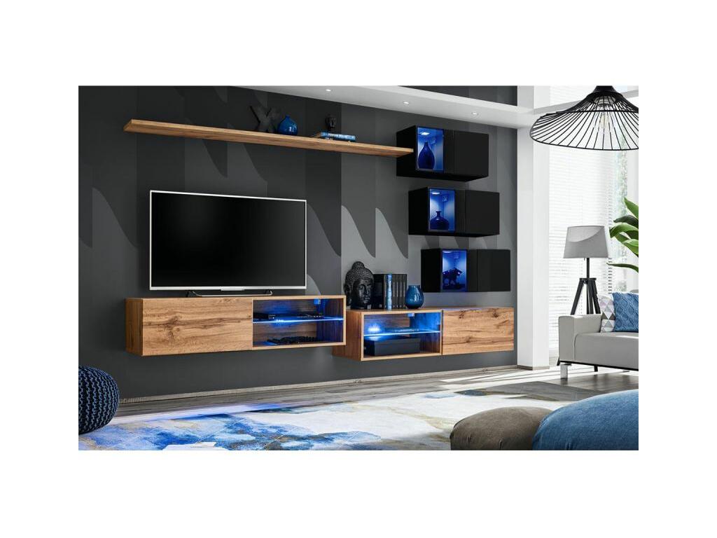 Ensemble meuble TV mural Switch XXIV - L 260 x P 40 x H 170 cm - Marron et noir