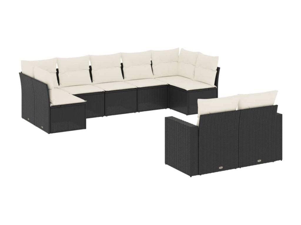 Salon de jardin 9 pcs avec coussins noir résine tressée