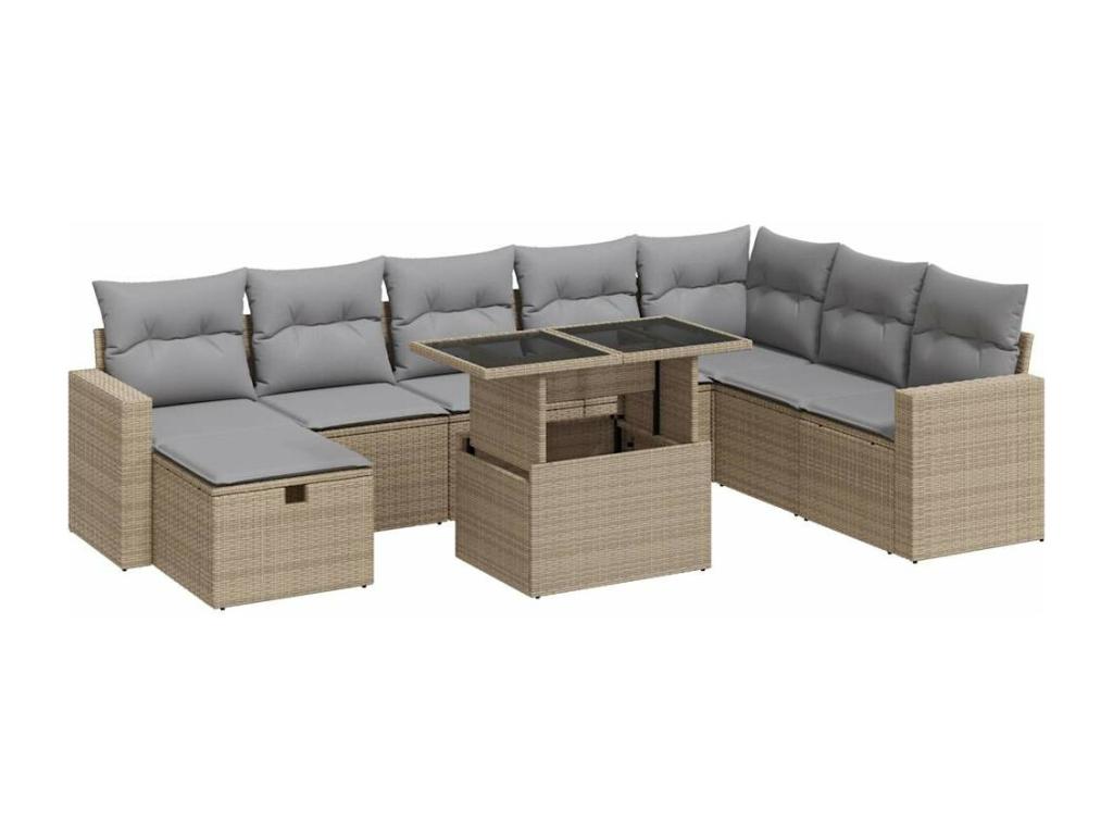 Salon de jardin avec coussins 9 pcs beige résine tressée