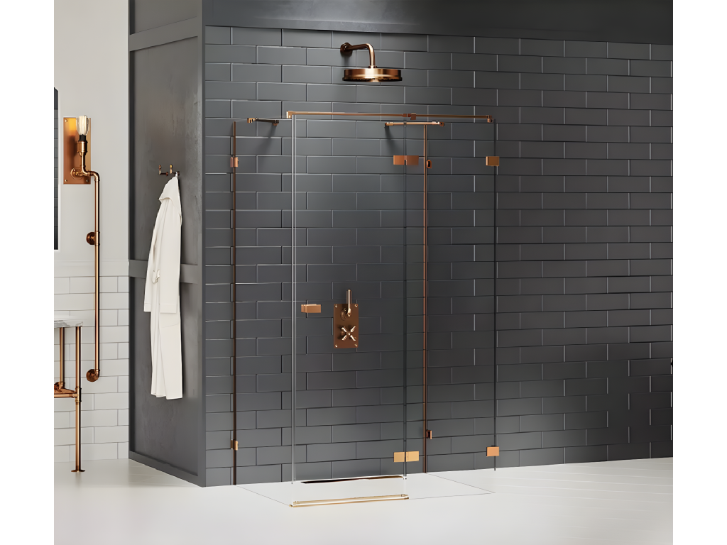 Cabine de douche droite 90x80 pivotante Doucezen COPPER BRUSHED couleur cuivre brossé accès de face