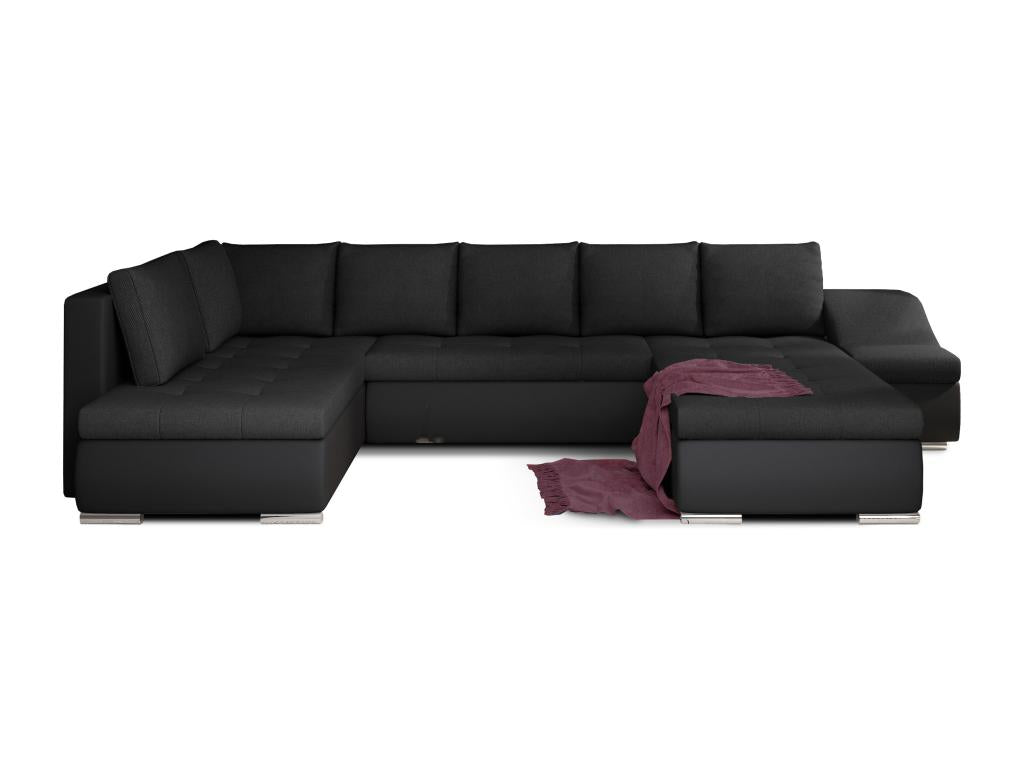 Canapé panoramique convertible tissu noir et simili cuir noir Doucezen 340cm-Méridienne A droite