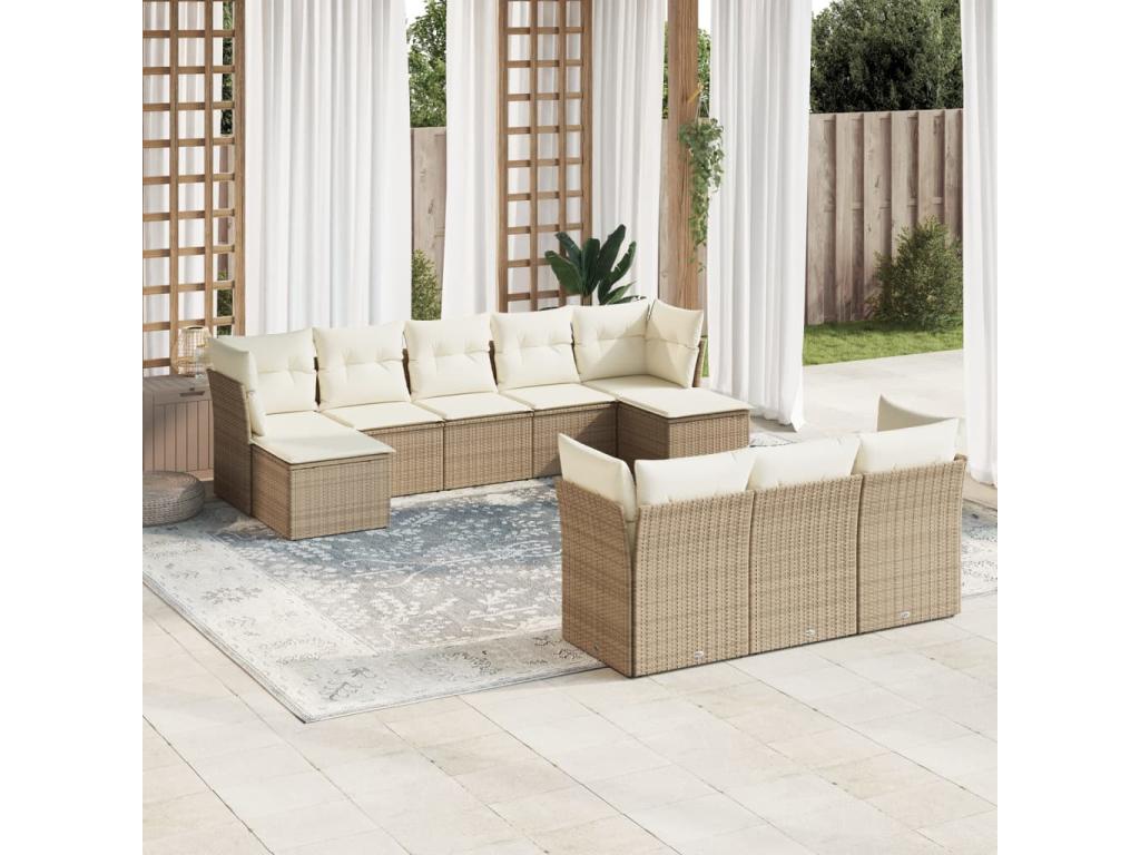 Salon de jardin avec coussins 10 pcs beige résine tressée