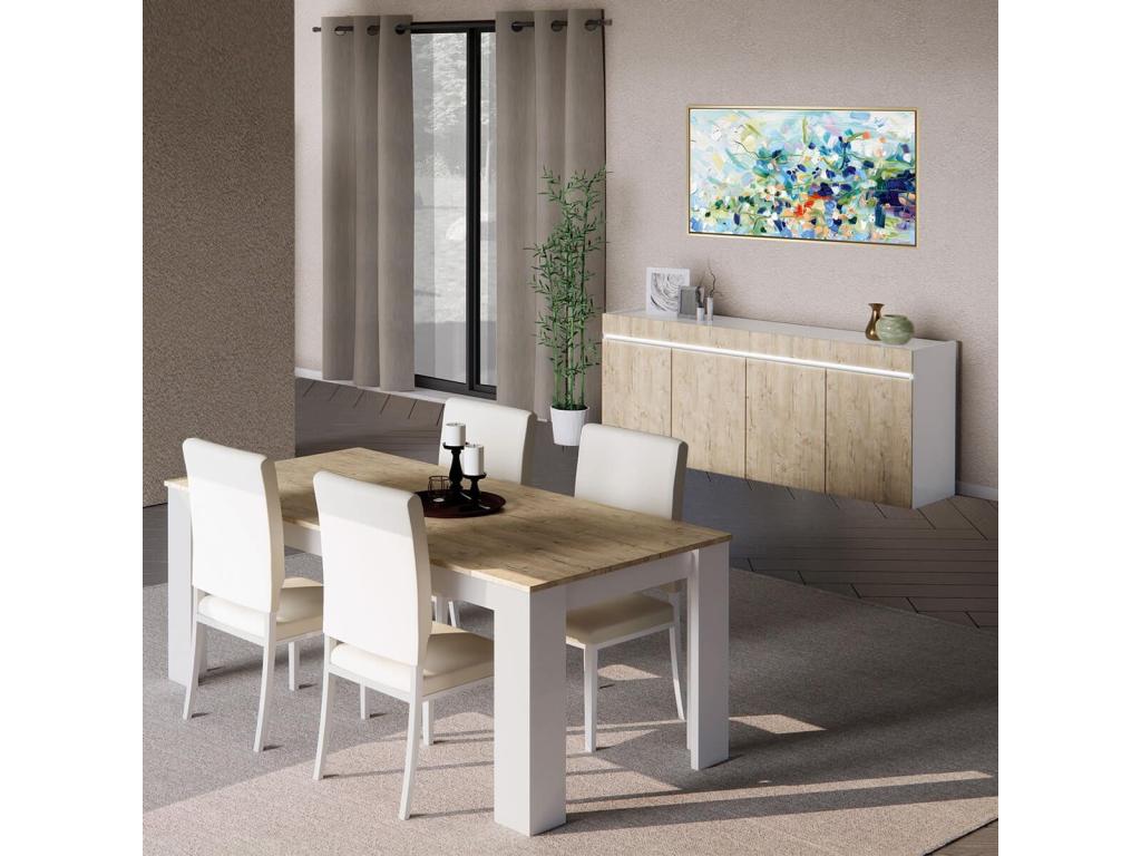 Homzora - Séjour Table Buffet Laqué Blanc Brillant Aspect Bois