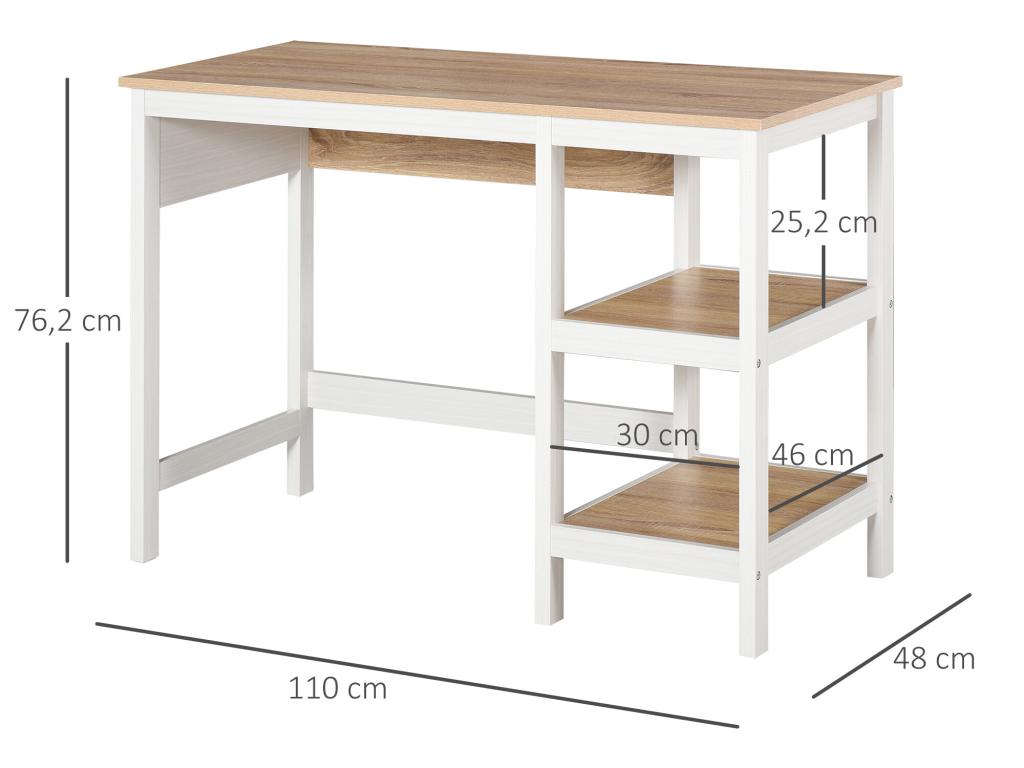 Bureau informatique multimédia dim- 110L x 48l x 76H cm 2 étagères latérales MDF E1 chêne clair blanc