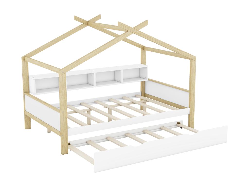 Lit cabane 140x200 cm avec lit gigogne 90x180 cm - 4 niches - Bois de pin - blanc