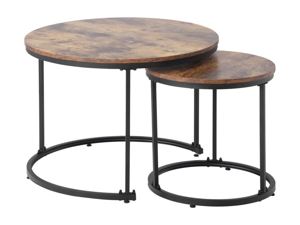 Lot de 2 tables basses gigognes table d'appoint ronde en MDF placage marbré style industriel marron