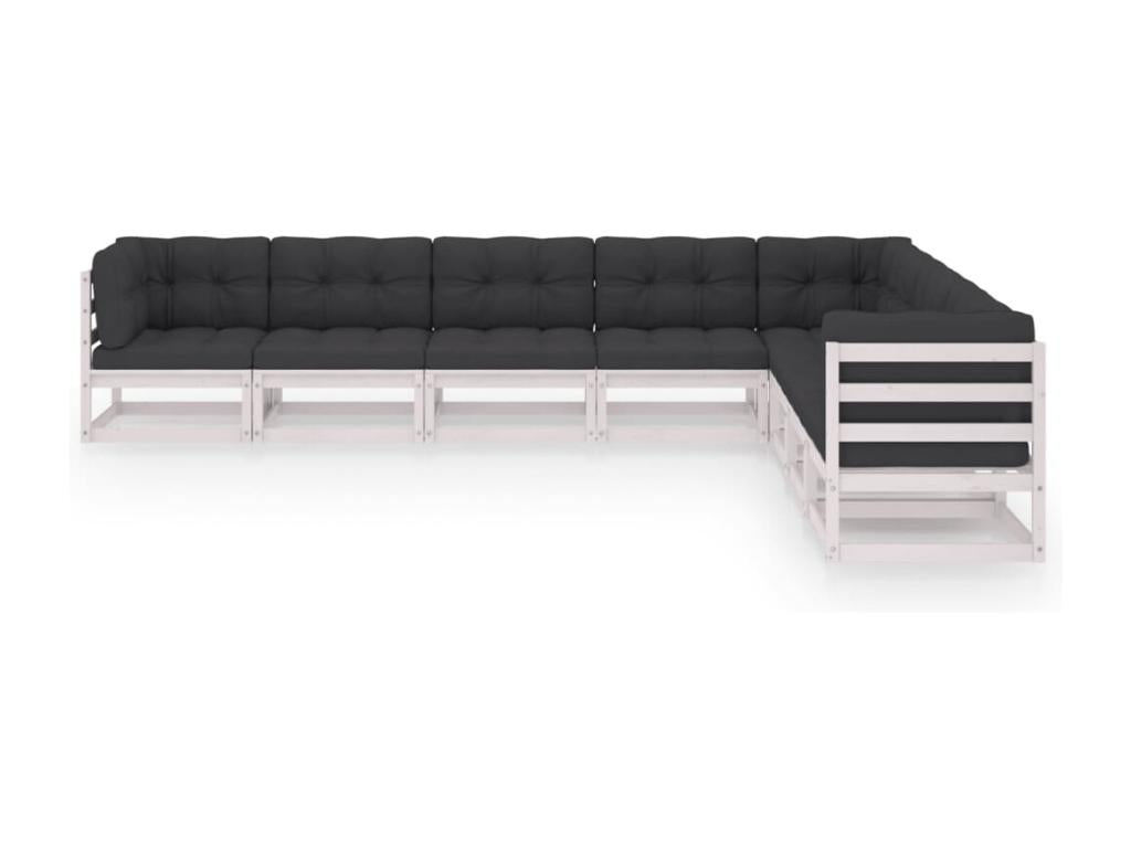 Salon de jardin 8 pièces avec coussins Blanc Bois de pin massif