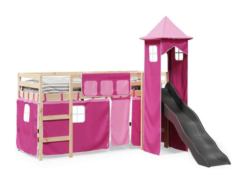 Lit mezzanine enfants avec tour rose 80x200cm bois pin massif