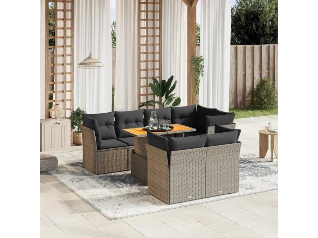 Salon de jardin 8 pcs avec coussins gris résine tressée