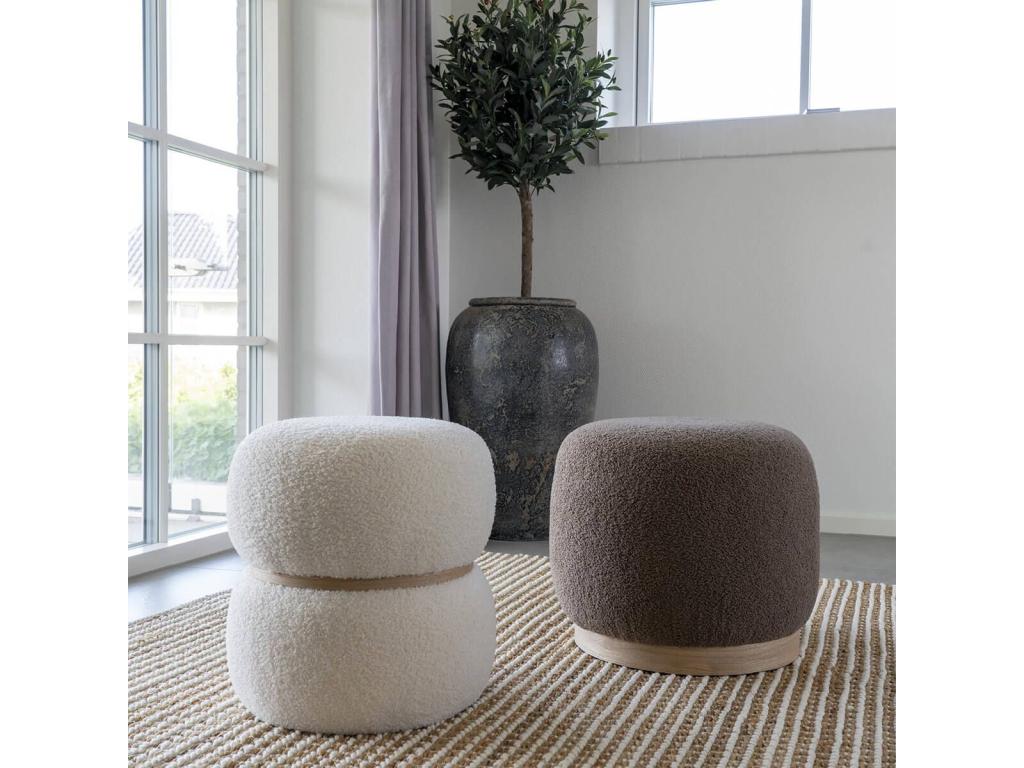 Homzora - Pouf Rond en Tissu Bouclé Blanc Ceinturé en MDF