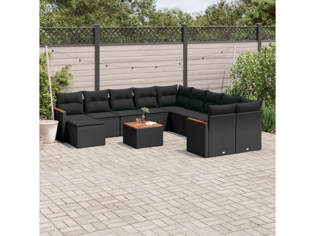 Salon de jardin 12 pcs avec coussins noir résine tressée